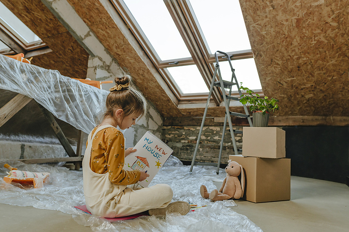 Girl painting in book sitting near skylight window at home