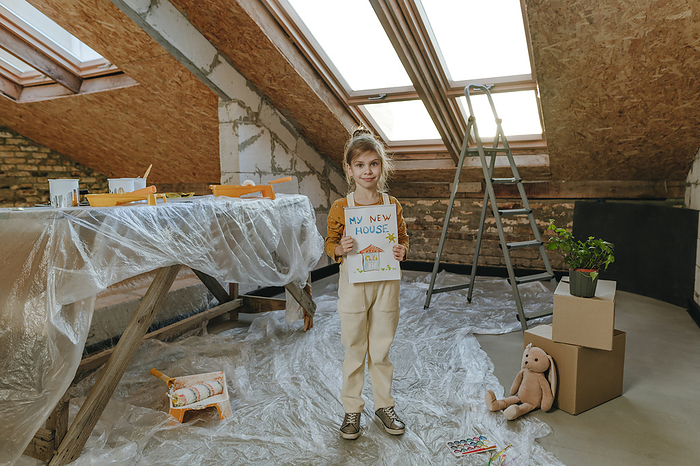 Girl showing drawing on sketch pad in room under renovation