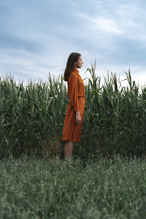 Woman standing by corn crops in field at sunset
