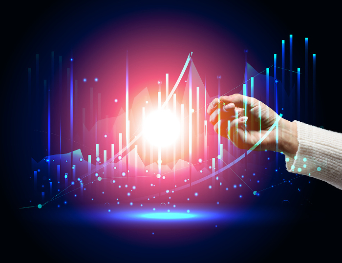 Virtual neon graph and female hand, profit analysis and sales growth dynamics, blue background Virtual neon graph and female hand, profit analysis and sales growth dynamics, blue background