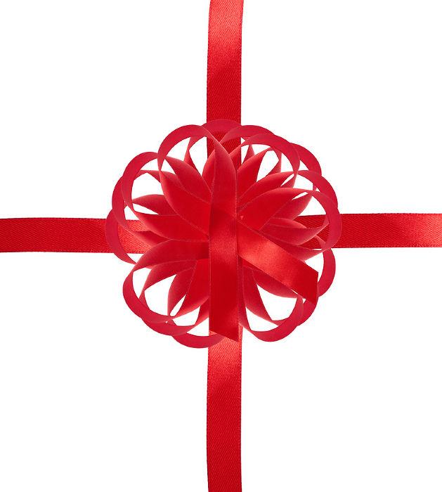 Red ribbon with a cross and a bow on an isolated background, packaging for a gift Red ribbon with a cross and a bow on an isolated background, packaging for a gift