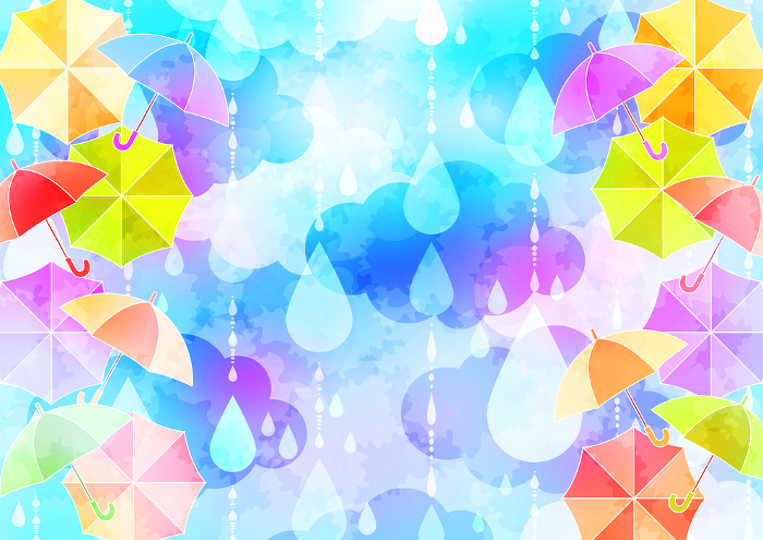 rainy season, umbrella, sky, background, illustration, cute, horizontal, watercolor, colorful
