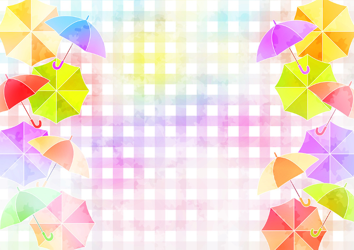 rainy season, umbrella, check, background, illustration, cute, horizontal, watercolor, colorful
