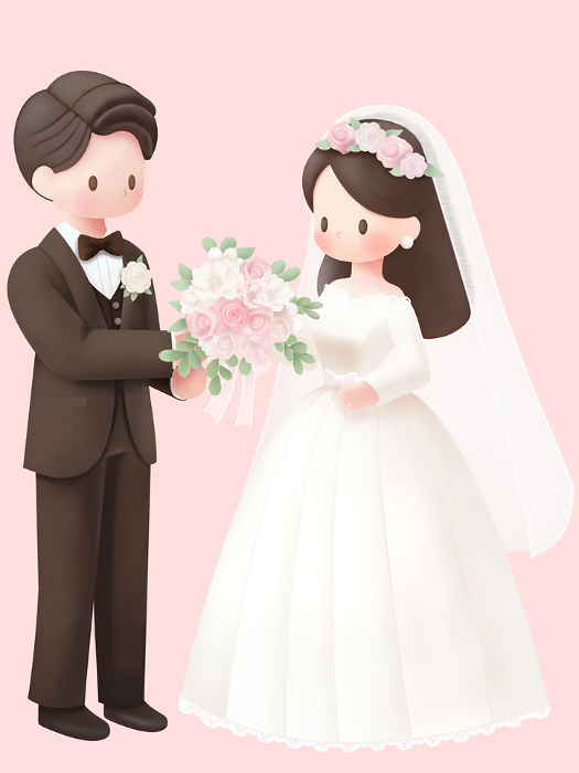 Bridal Clipart(bride and groom holding bouquet)background-pink