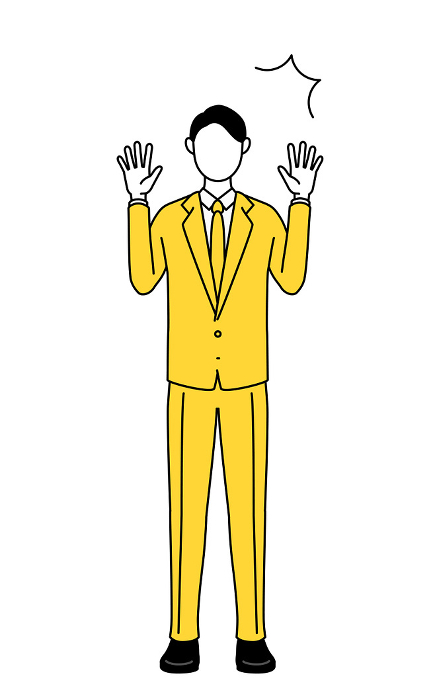 Simple line drawing illustration of a businessman in a suit raising his hand in surprise.