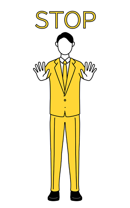 Simple line drawing illustration of a businessman in a suit with his hand out in front of his body, signaling a stop.