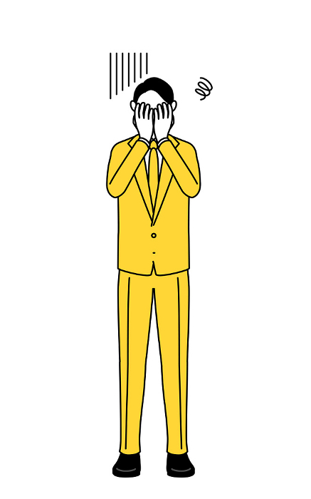 Simple line drawing illustration of a businessman in a suit covering his face in depression.