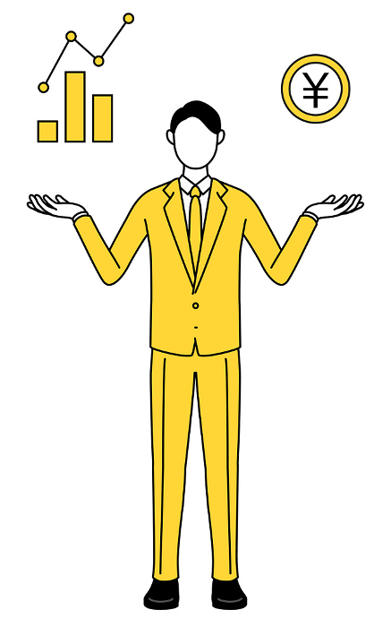 Simple line drawing illustration of a businessman in a suit guiding an image of DXing, performance and sales improvement.