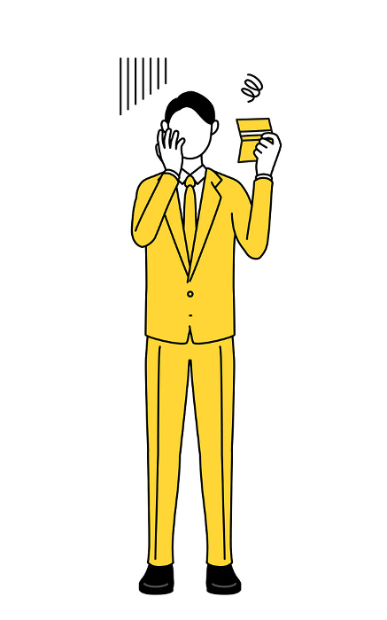 Simple line drawing illustration of a businessman in a suit looking at his bankbook and feeling depressed.