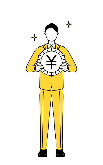 Simple line drawing illustration of a businessman in a suit, an image of foreign exchange gains and yen appreciation
