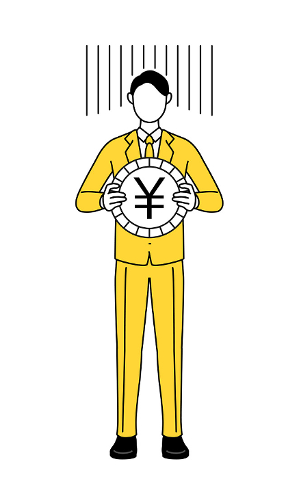 Simple line drawing illustration of a businessman in a suit, an image of exchange loss or yen depreciation