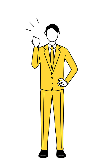 Simple line drawing illustration of a businessman in a suit posing with guts.