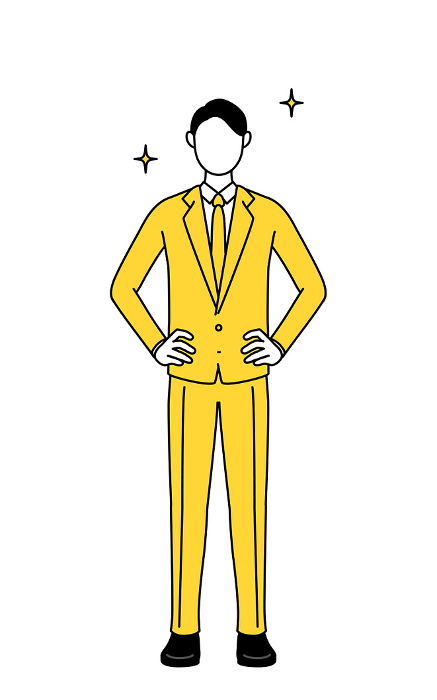 Simple line drawing illustration of a businessman in a suit with his hands on his hips.