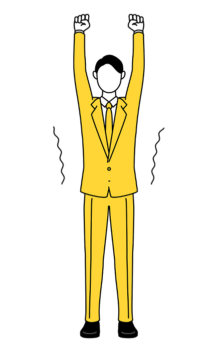 Simple line drawing illustration of a businessman in a suit stretching and standing tall.