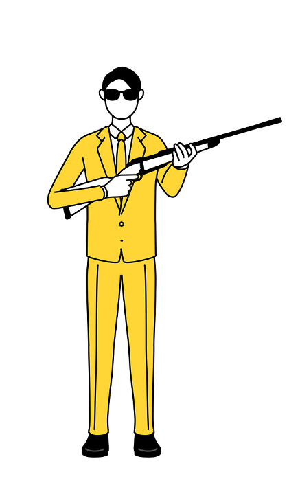 Simple line drawing illustration of a businessman in a suit wearing sunglasses and holding a rifle.