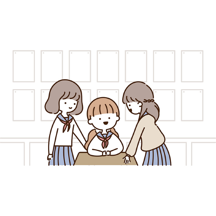 Three high school girls happily chatting with friends in a classroom
