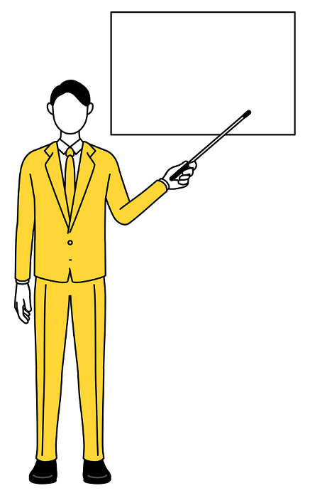 Simple line drawing illustration of a businessman in a suit pointing at a whiteboard with an indicator stick.