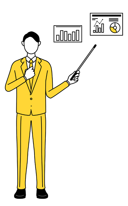 Simple line drawing illustration of a businessman in a suit analyzing a performance graph.