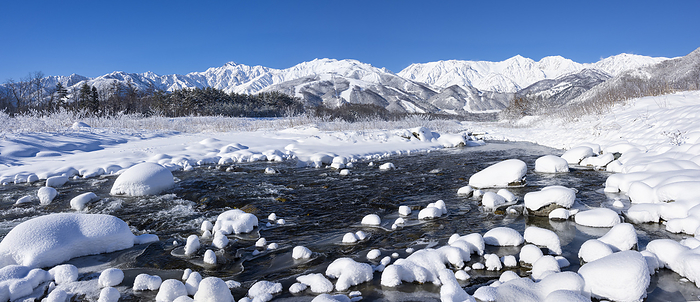 Matsukawa River and the Northern Alps in winter, Nagano Prefecture