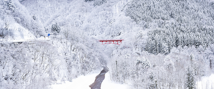 Matsukawa Valley and Takai Bridge in winter, Nagano Prefecture