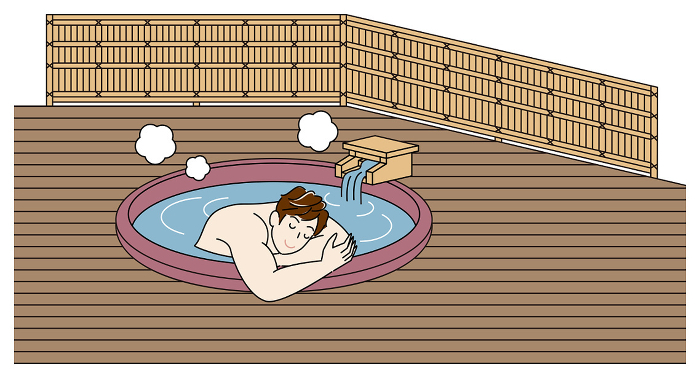 Naked cute man taking a nice bath in a ceramic bath of hot spring water in a guest room with an open-air bath. simple