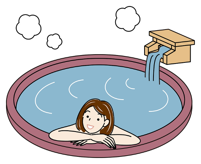 Naked pretty woman bathing comfortably in an open-air hot spring bath Simple Illustration