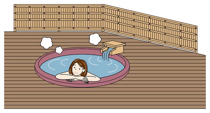 Naked pretty woman bathing comfortably in a ceramic bath of hot spring water in a guest room with an open-air bath Simple