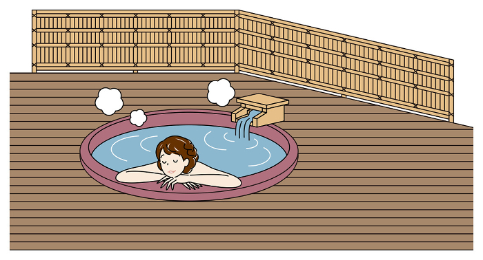 Naked pretty woman bathing comfortably in a ceramic bath of hot spring water in a guest room with an open-air bath Simple