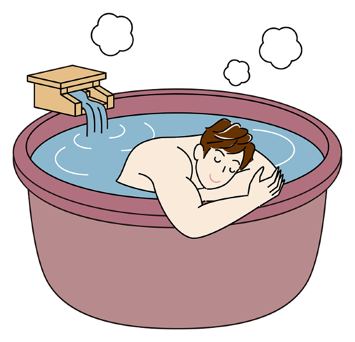 Naked cute man bathing comfortably in an open-air hot spring bath Simple Illustration