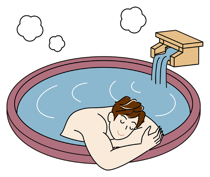 Naked cute man bathing comfortably in an open-air hot spring bath Simple Illustration