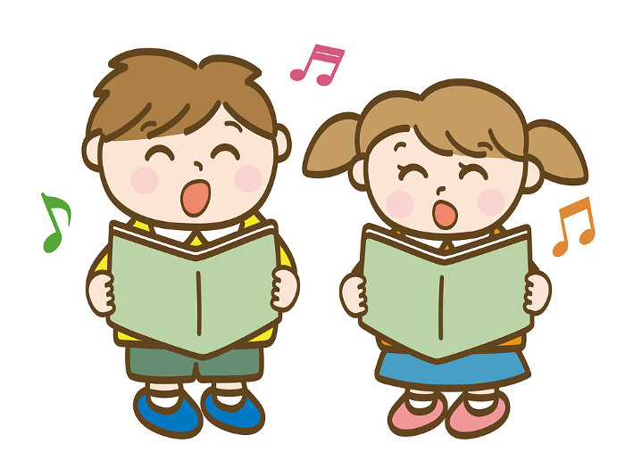 Full-body illustration of a boy and a girl looking at sheet music and singing a song_Elementary_school_young_children