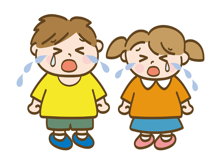 Full-body illustration of a boy and a girl crying loudly_Elementary_school_infant