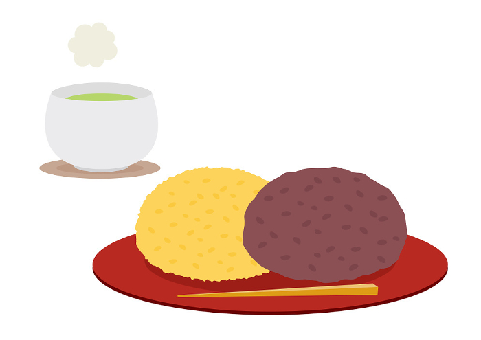 Illustration of o-hagi and tea on a red plate