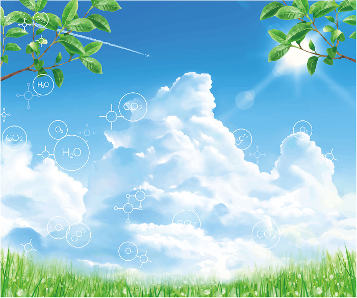 Elemental symbols and leaves dancing in the blue sky with clouds with sunshine fresh green frame background material.