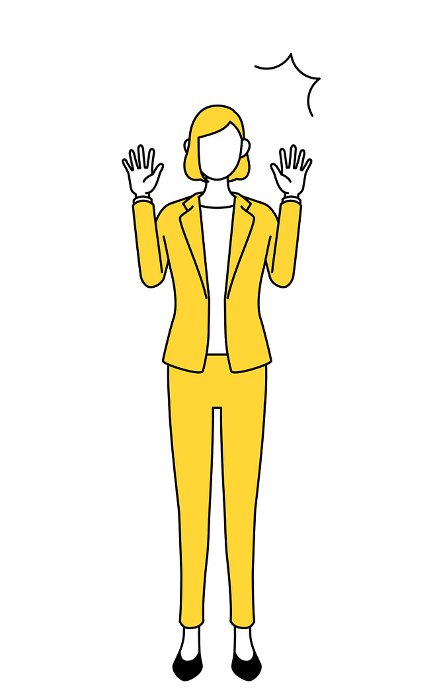 Simple line drawing illustration of a woman in a suit raising her hand in surprise.