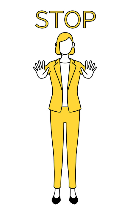 Simple line drawing illustration of a woman in a suit with her hands out in front of her body, signaling a stop.