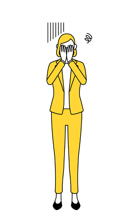 Simple line drawing illustration of a woman in a suit covering her face in depression.