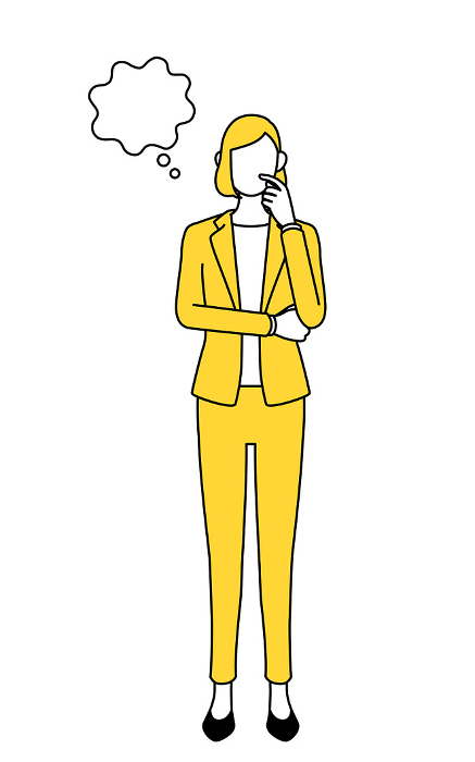 Simple line drawing illustration of a woman in a suit thinking while scratching her face.