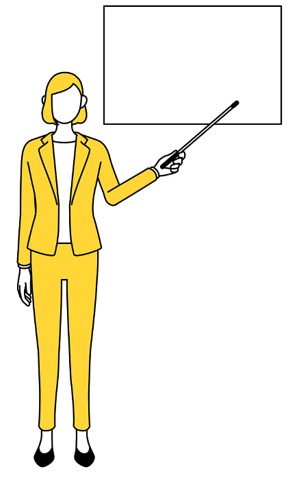 Simple line drawing illustration of a woman in a suit pointing at a whiteboard with an indicator stick.