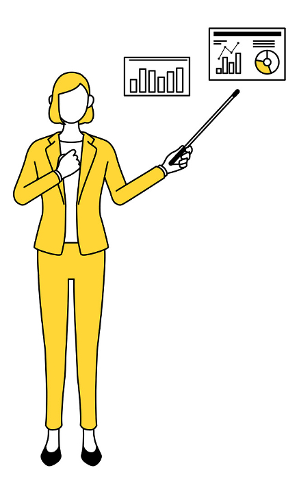 Simple line drawing illustration of a woman in a suit analyzing a performance graph, an image of DXing.