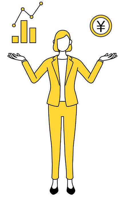 Simple line drawing illustration of a woman in a suit guiding an image of DXing, performance and sales improvement.