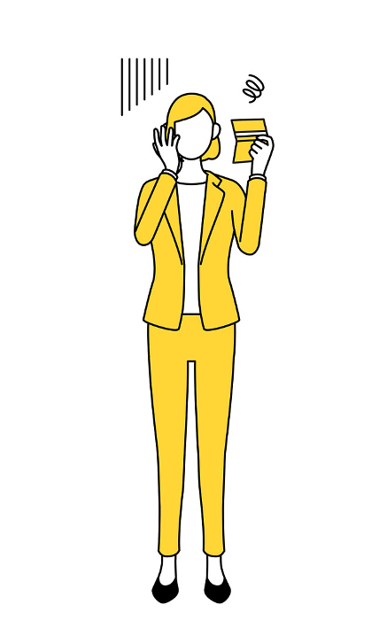 Simple line drawing illustration of a woman in a suit looking at her bankbook and feeling depressed.