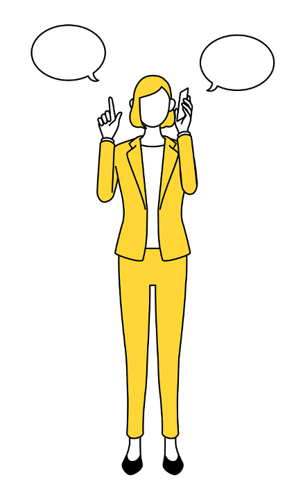 Simple line drawing illustration of a woman in a suit pointing while on the phone.