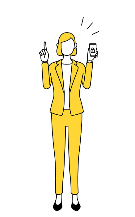 Simple line drawing illustration of a woman in a suit taking security measures for her phone.