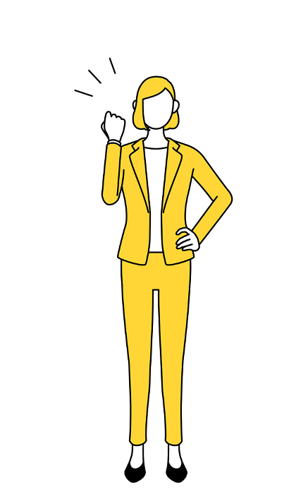 Simple line drawing illustration of a woman in a suit posing with guts.