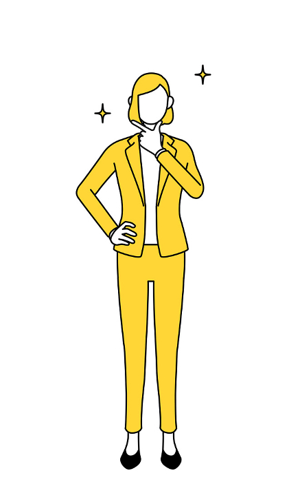 Simple line drawing illustration of a woman in a suit in a confident pose.