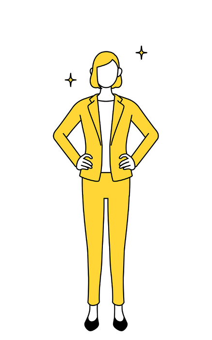 Simple line drawing illustration of a woman in a suit with her hands on her hips.
