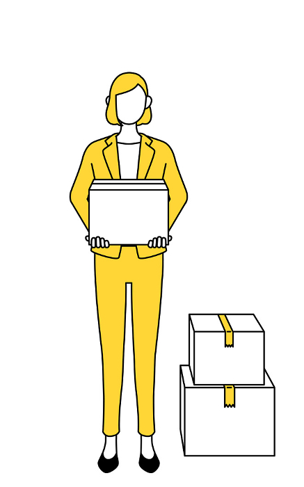 Simple line drawing illustration of a woman in a suit holding a cardboard box.