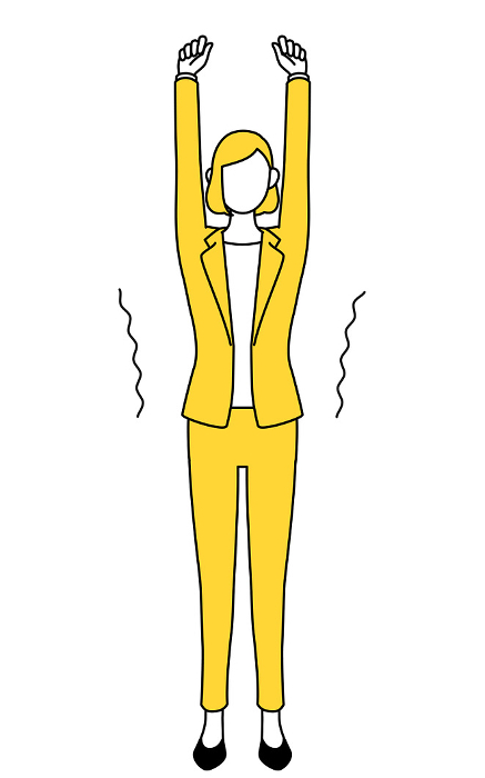 Simple line drawing illustration of a woman in a suit stretching and standing tall.