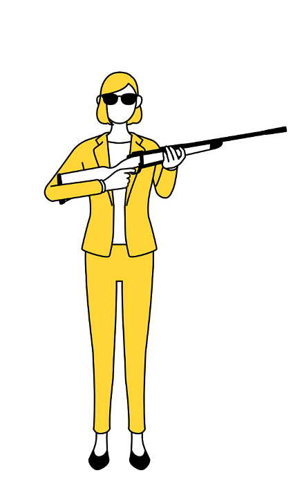 Simple line drawing illustration of a woman in a suit wearing sunglasses and holding a rifle.